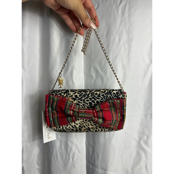 Leslie Dasch Dress for Cocktails Leopard Plaid Bow Clutch Bag Gold Chain NWT